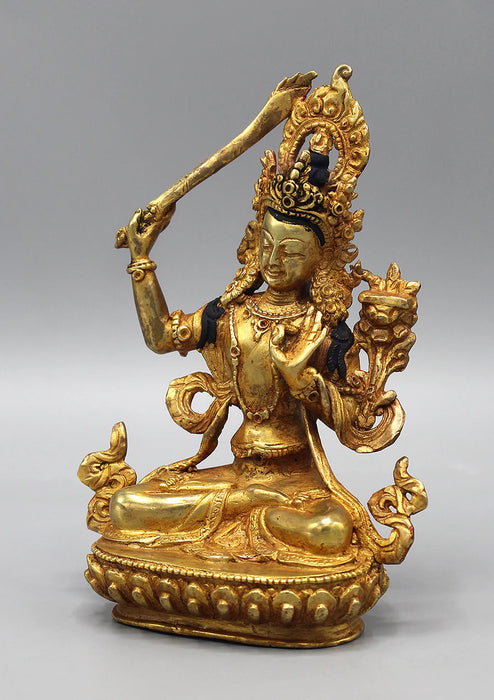 6 Inch Gold Plated Copper Tibetan Manjushri Statue