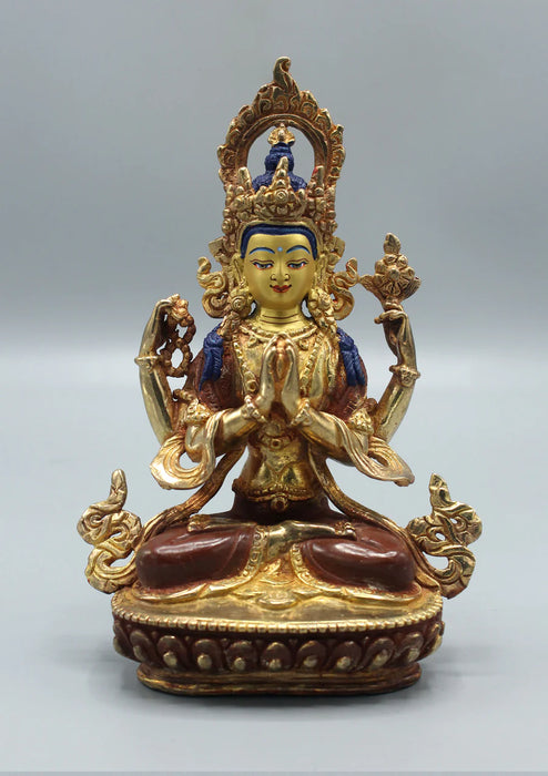 6.5-Inch Gold Plated Chenrezig Statue - Four-Armed Buddha of Compassion"