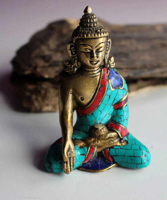 3-Inch Ratnasambhava Buddha Statue with Majestic Faux Turquoise Robe