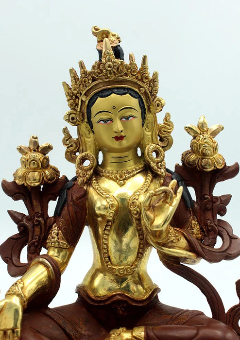 9-Inches Partly Gold Plated Green Tara Statue - Beautifully Crafted Buddhist Art