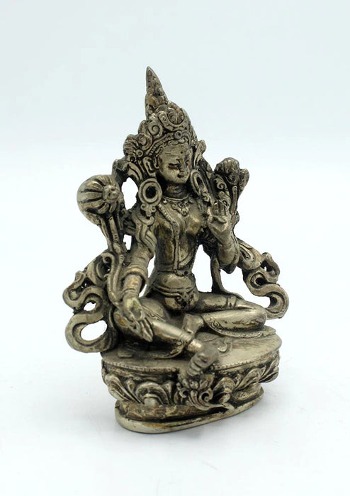 4 Inch White Metal Green Tara Statue - Exquisite Craftsmanship