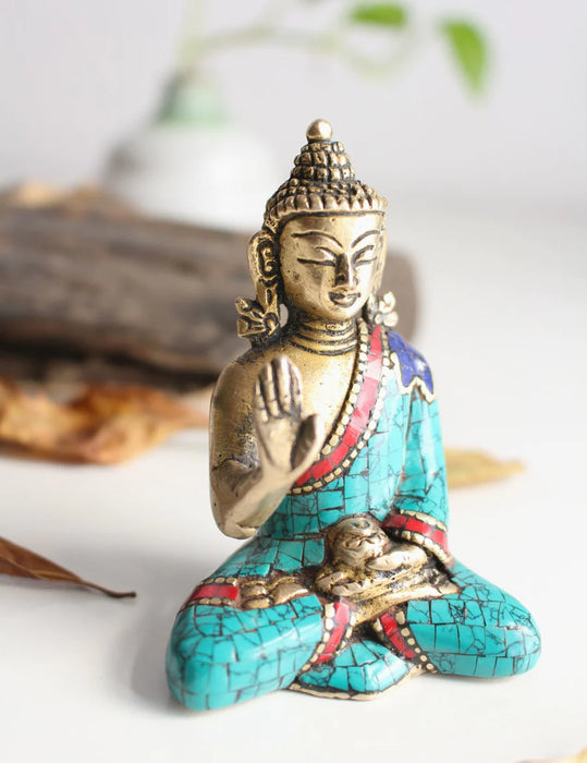 3-Inch Brass Amoghasiddhi Buddha Statue with Jeweled Robe