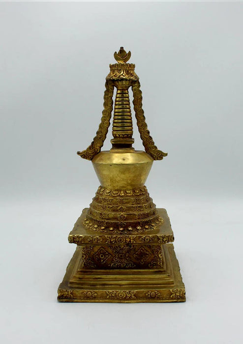 11.5 Inch Gold Plated Copper Stupa Chorten - Tibetan Carvings and Buddha Figurine