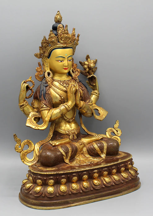 Gold Plated Chenrezig Statue 13 Inch - Exquisite Floral Motif Tibetan Deity Sculpture