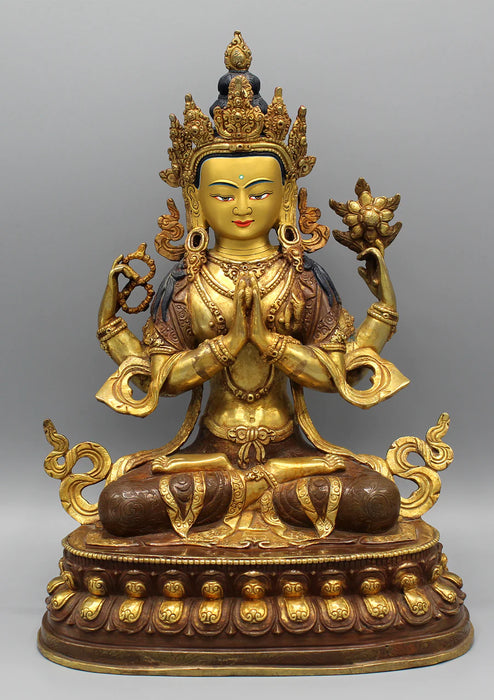 Gold Plated Chenrezig Statue 13 Inch - Exquisite Floral Motif Tibetan Deity Sculpture