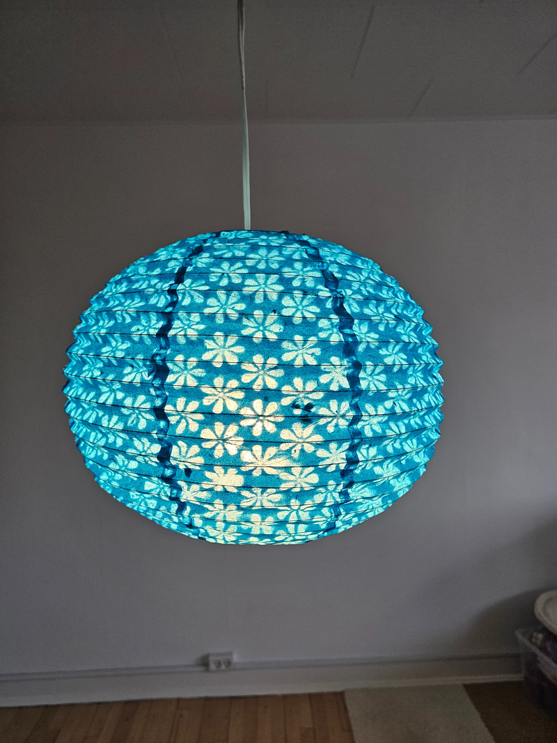 Light Blue Round Lokta Paper Lampshade – Handmade Nepalese Hanging Light Shade - Circular Lampshades