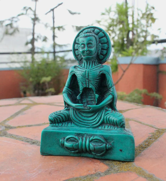 Green Emaciated Meditating Buddha Resin Statue - Handmade Serenity