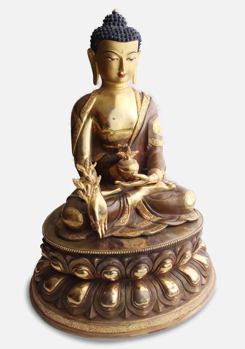 17-Inch Gold Plated Medicine Buddha Statue with Exquisite Flower Carving