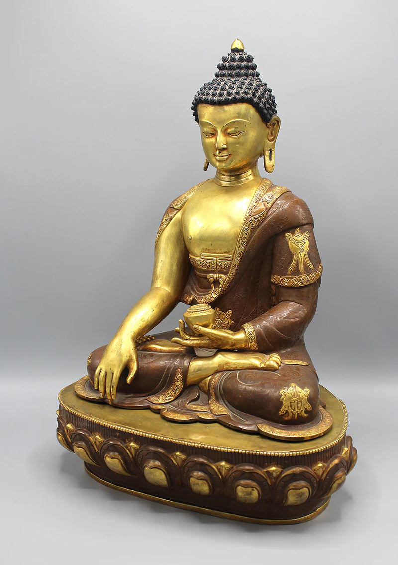 Auspicious Symbol Carved Shakyamuni Buddha Statue - Gold Plated Copper - 2