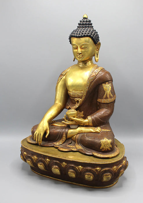 Auspicious Symbol Carved Shakyamuni Buddha Statue - Gold Plated Copper