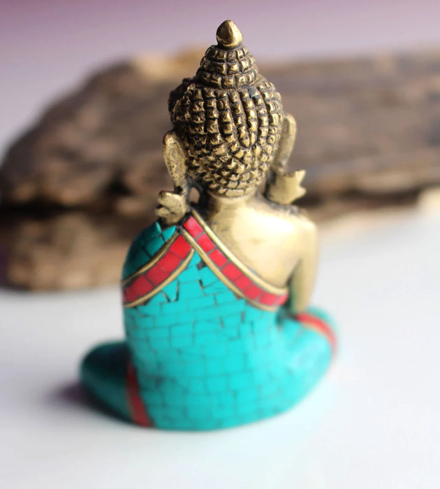 3-Inch Ratnasambhava Buddha Statue with Majestic Faux Turquoise Robe