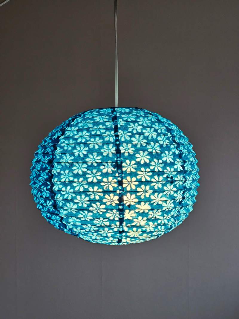 Light Blue Round Lokta Paper Lampshade – Handmade Nepalese Hanging Light Shade - Circular Lampshades