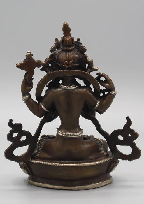 4 Inch High Copper Chenrezig Statue with Inlaid Silver Robe - Handmade from Nepal