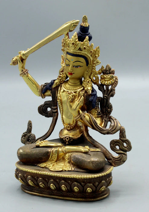 6-Inch Partly Gold Plated Copper Manjushree Statue - Exclusive Bodhisattva Sculpture