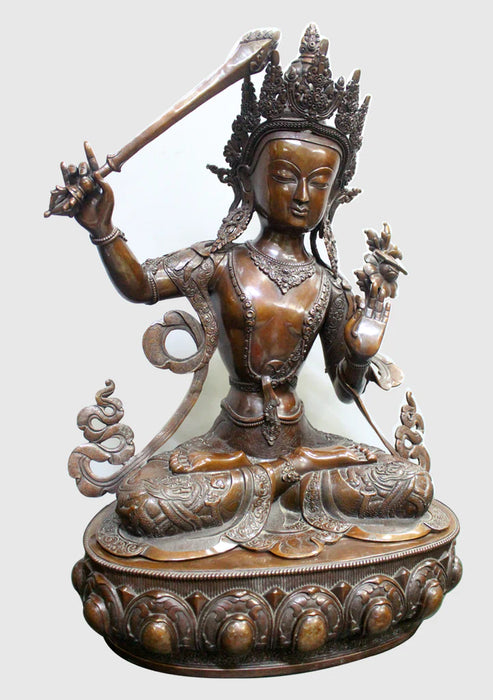 25.5-Inch Handcarved Copper Manjushree Statue - Transcendent Wisdom Sculpture