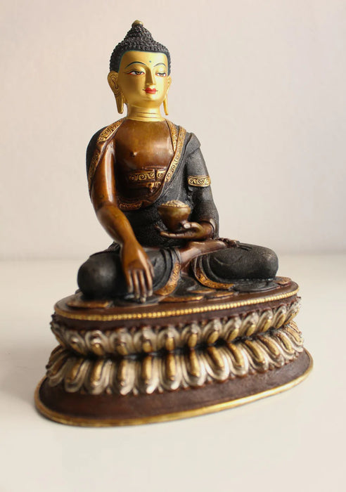 8.6 Inch Copper Shakyamuni Buddha Statue - Oxidized Finish with Gold & Silver Accents