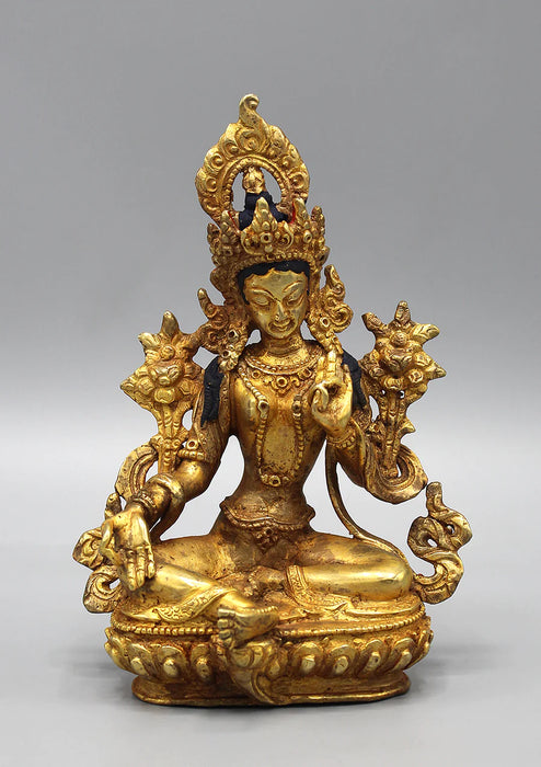 6 Inch Gold Plated Green Tara Statue - Handcrafted in Nepal