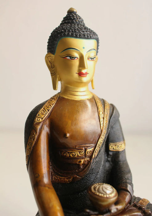 8.6 Inch Copper Shakyamuni Buddha Statue - Oxidized Finish with Gold & Silver Accents