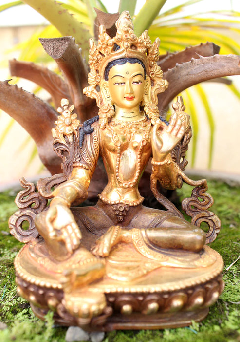 6 Inch Gold Plated Green Tara Statue - Handcrafted Nepalese Masterpiece