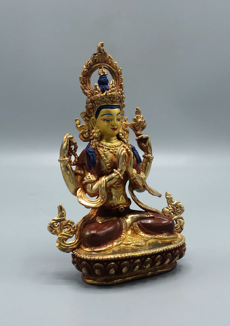 6.5-Inch Gold Plated Chenrezig Statue - Four-Armed Buddha of Compassion" - 4