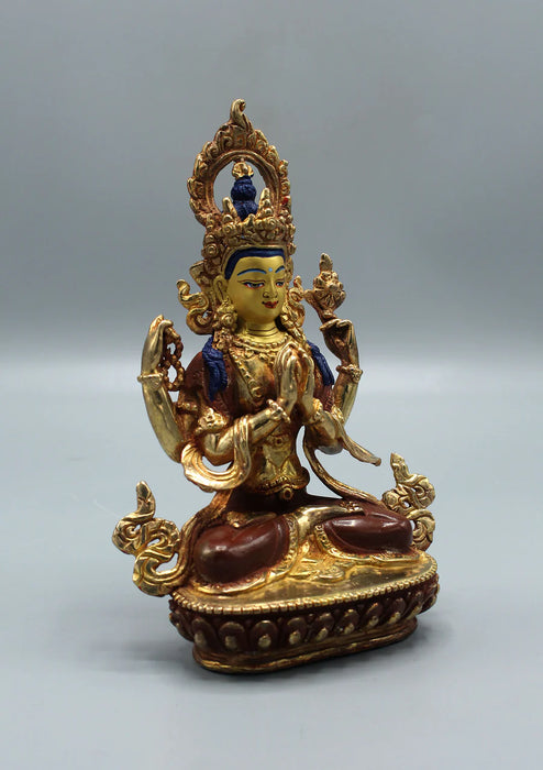 6.5-Inch Gold Plated Chenrezig Statue - Four-Armed Buddha of Compassion"