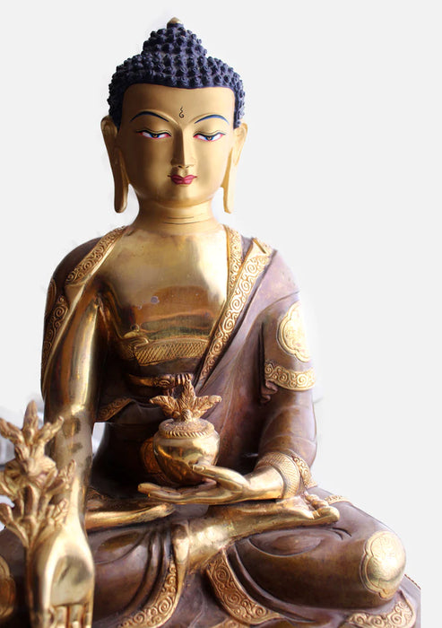 17-Inch Gold Plated Medicine Buddha Statue with Exquisite Flower Carving