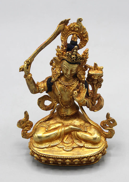 6 Inch Gold Plated Copper Tibetan Manjushri Statue