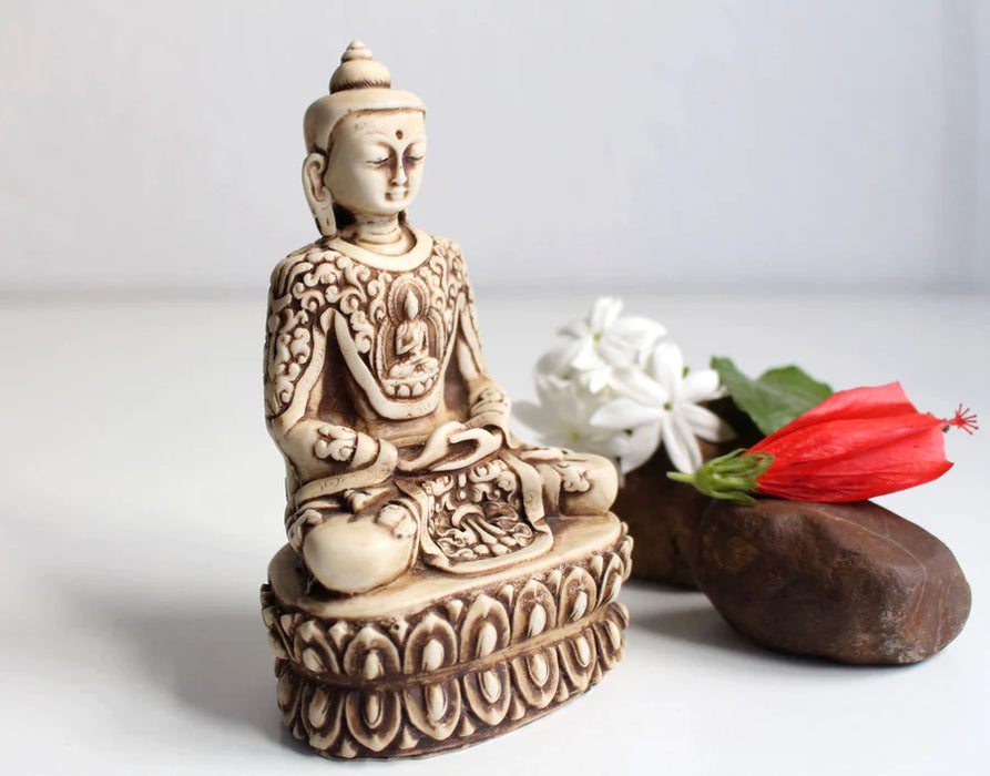 Meditating Buddha Resin Statue with Intricate Carvings - 5.5 Inch Meditation Pose Sculpture