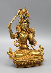 6 Inch Gold Plated Copper Tibetan Manjushri Statue - 2