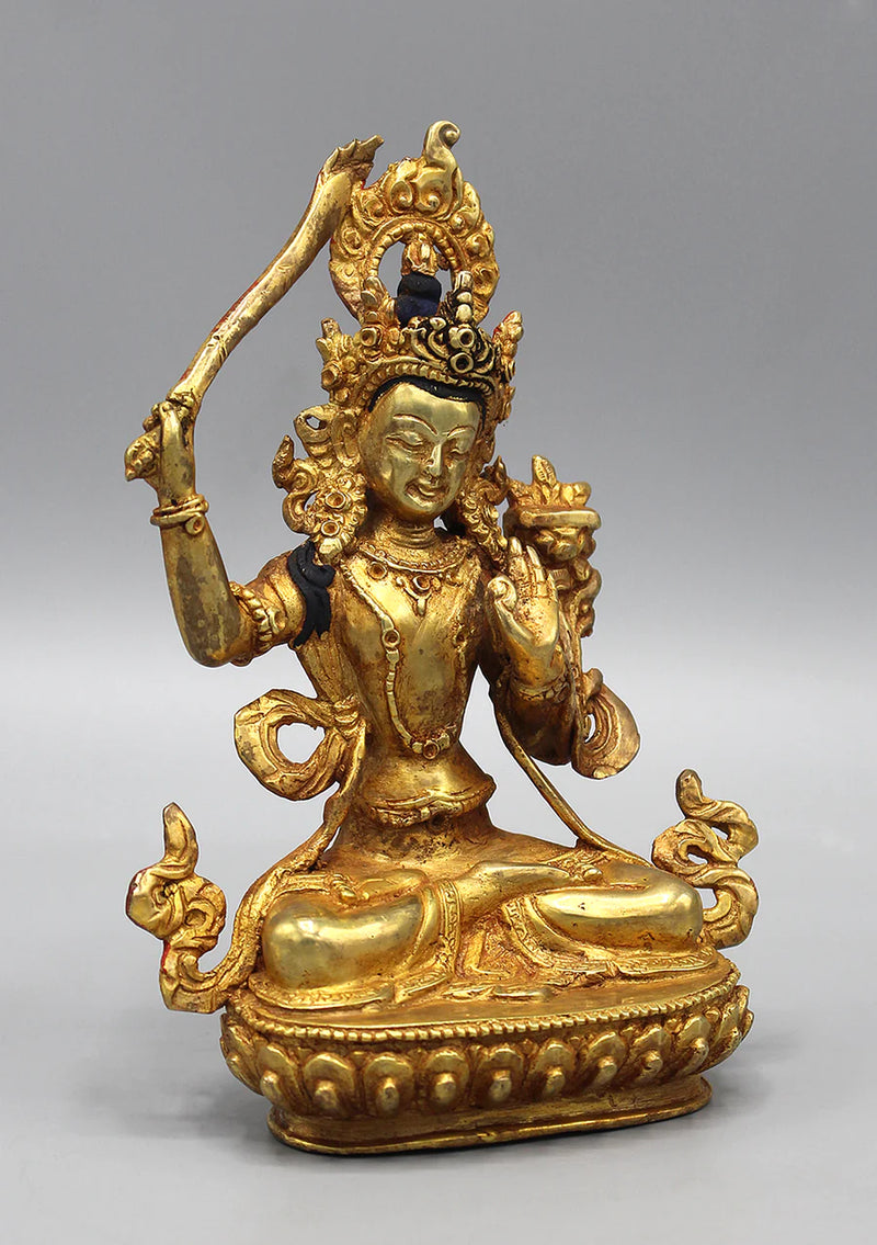 6 Inch Gold Plated Copper Tibetan Manjushri Statue - 2