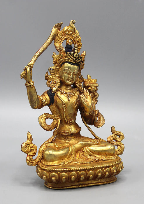 6 Inch Gold Plated Copper Tibetan Manjushri Statue