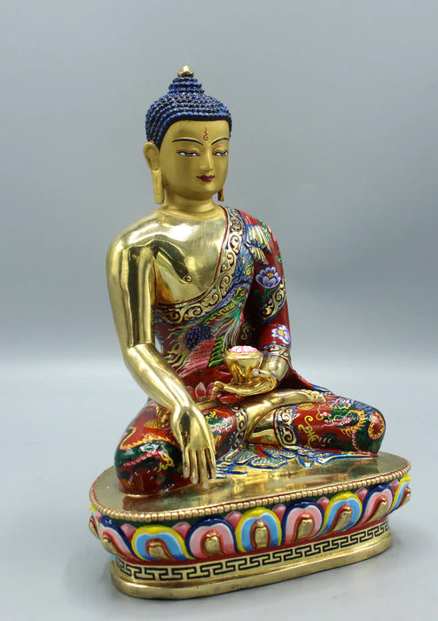 9 Inch Gold Plated Shakyamuni Buddha Statue - Hand-Painted Copper Sculpture