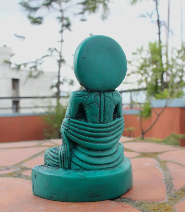 Green Emaciated Meditating Buddha Resin Statue - Handmade Serenity