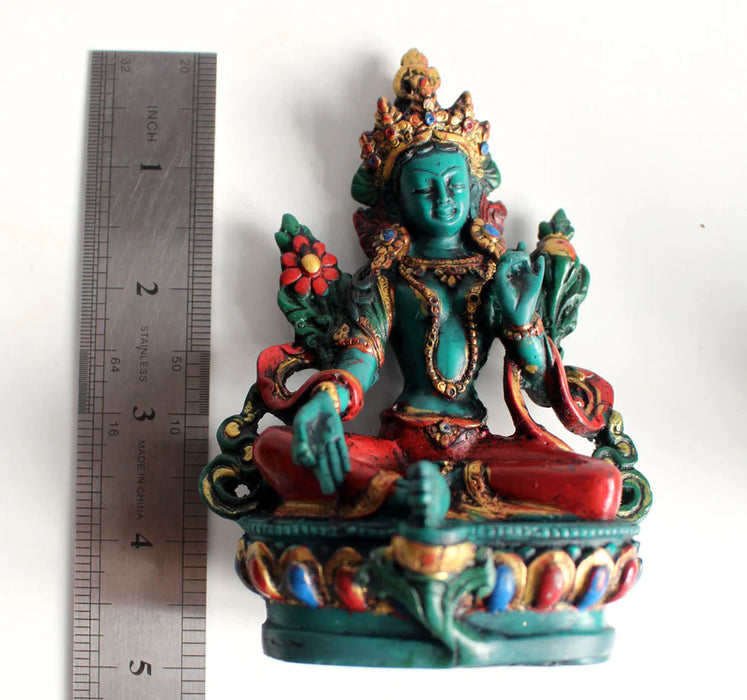 Resin Green Tara Statue - 4.6 Inch Turquoise and Coral Toned Sculpture