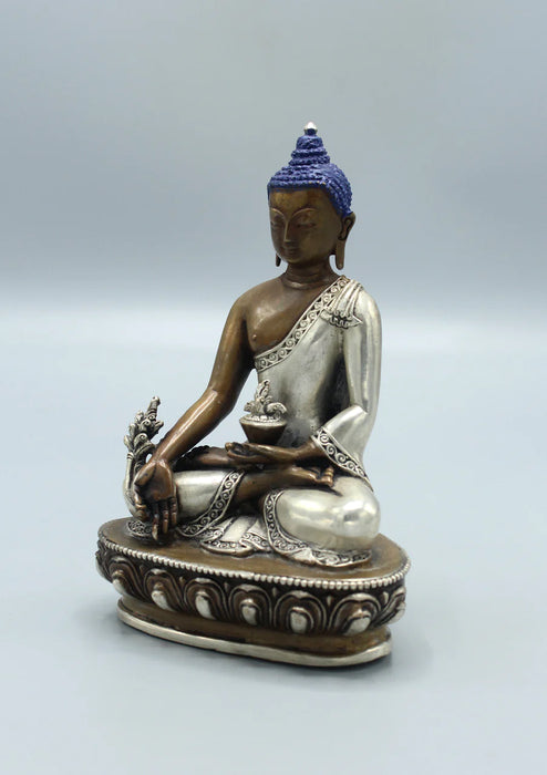 5.5-Inch Copper Medicine Buddha Statue with Silver Robe - Authentic Nepalese Craftsmanship