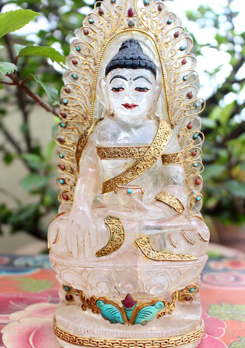 8 Inch Crystal Shakyamuni Buddha Statue with Gold-Plated Silver Robe