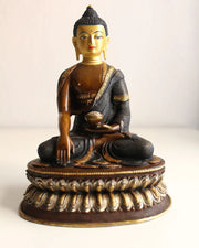8.6 Inch Copper Shakyamuni Buddha Statue - Oxidized Finish with Gold & Silver Accents - 5
