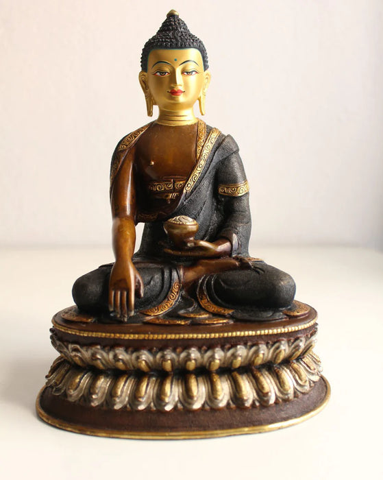 8.6 Inch Copper Shakyamuni Buddha Statue - Oxidized Finish with Gold & Silver Accents