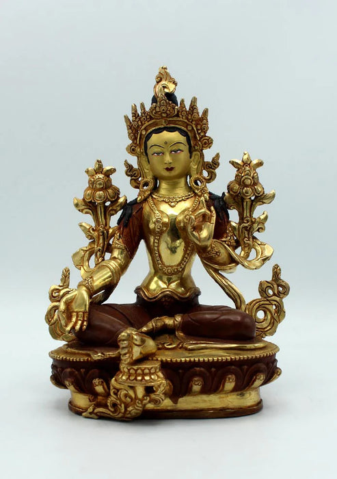 9-Inch Gold Plated Copper Green Tara Statue - Divine Craftsmanship