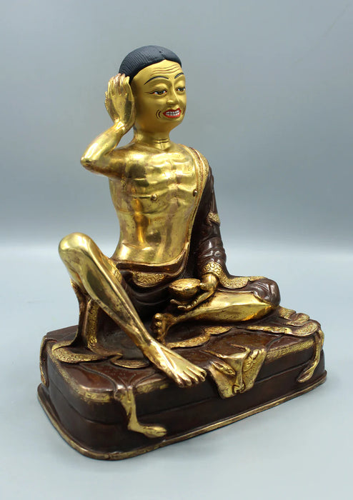 10-Inch Copper Gold Plated Milarepa Statue - Handcrafted Tibetan Yogi Sculpture