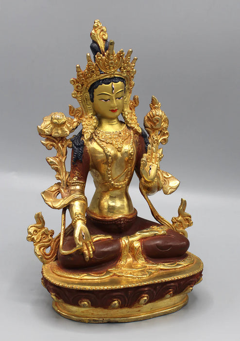 8-Inch White Tara Statue - Partly Gold Plated Copper Goddess of Compassion