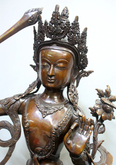 25.5-Inch Handcarved Copper Manjushree Statue - Transcendent Wisdom Sculpture