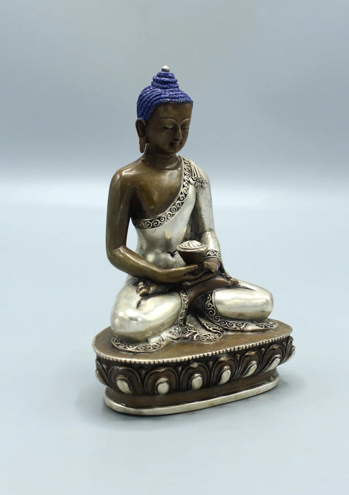 5.5-Inch Copper Amitabha Buddha Statue with Silver Robe - Nepalese Craftsmanship