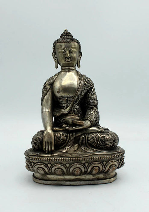 7.5-Inch White Metal Floral Carved Shakyamuni Buddha Statue - Birthplace Tribute