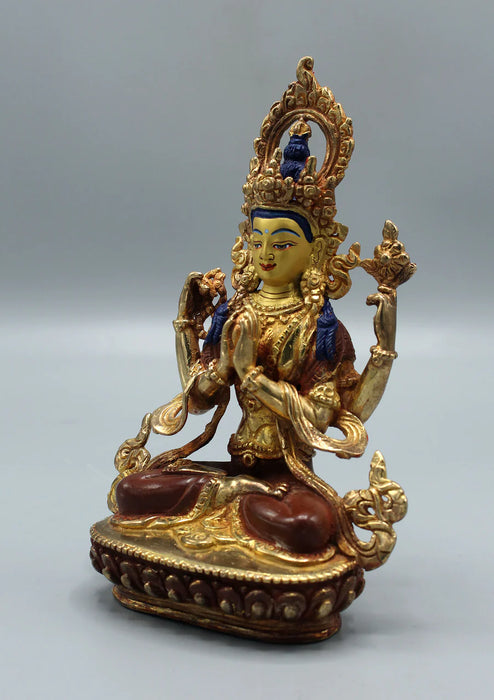 6.5-Inch Gold Plated Chenrezig Statue - Four-Armed Buddha of Compassion"