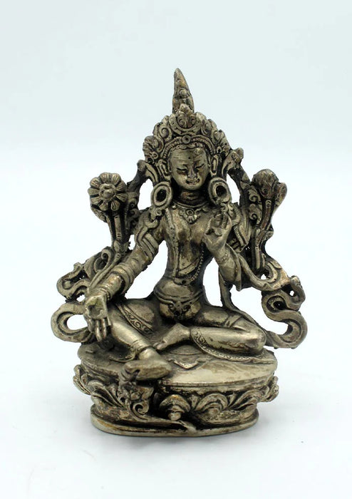 4 Inch White Metal Green Tara Statue - Exquisite Craftsmanship