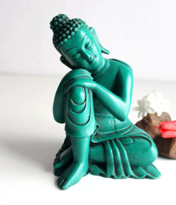 Turquoise Green Resin Resting Buddha Statue - 7.5 Inch Handmade Sculpture