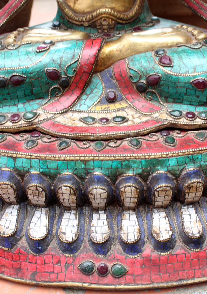 19 Inch Chenrezig Statue Inlaid with Turquoise, Coral, and Lapis - Handcrafted Masterpiece