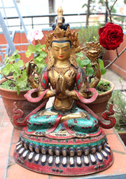 19 Inch Chenrezig Statue Inlaid with Turquoise, Coral, and Lapis - Handcrafted Masterpiece