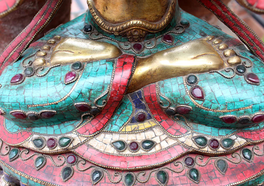 19 Inch Chenrezig Statue Inlaid with Turquoise, Coral, and Lapis - Handcrafted Masterpiece